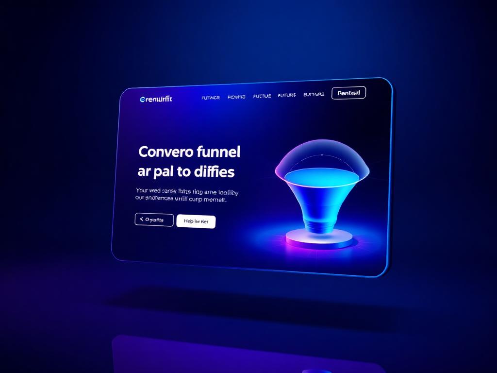 Mockup conceitual de site comercial com visualização de funil de conversão